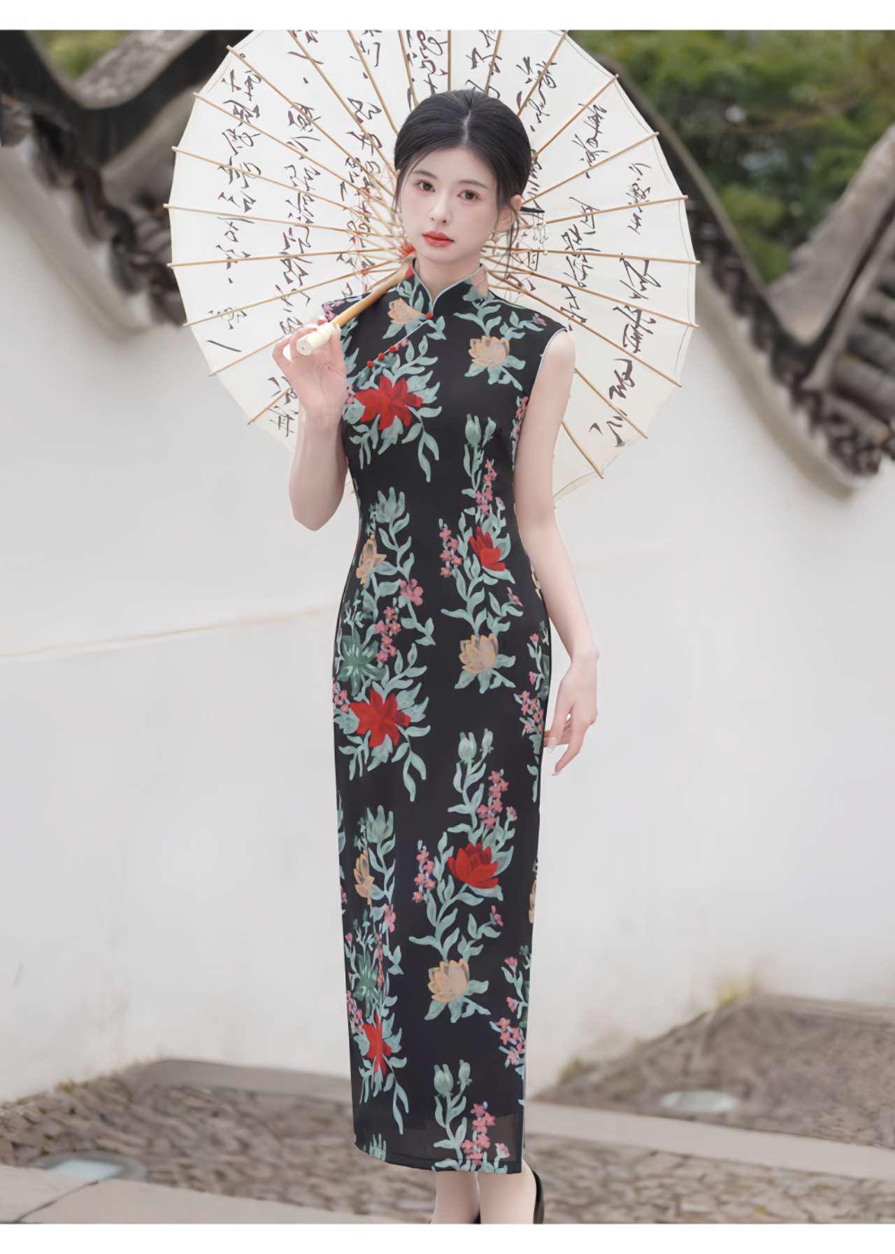 Qipao Floral Negro, Vestido Cheongsam Retro, Elegante Vestido de Noche, Vestido de Verano, Traje de Boda Cultural, Vestido Vintage  para Té