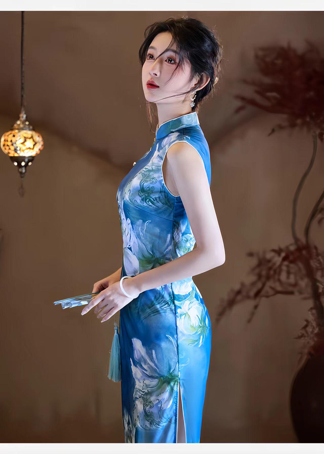 Vestido Qipao Malla Azul,Cheongsam Floral Acuarela,Vestido Chino Moderno,Vestido de Fiesta Cultural,Qipao Primavera Verano, regalo para ella