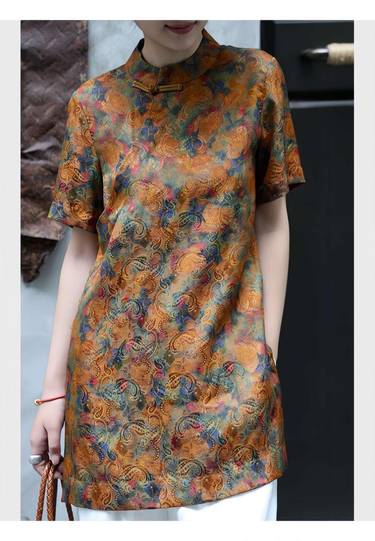 Seda Tang Traje Top, Blusa China Vintage, Camisa Paisley Naranja, Camisa de Verano, Top Tradicional, Blusa Cheongsam, Camisa Boho Étnica