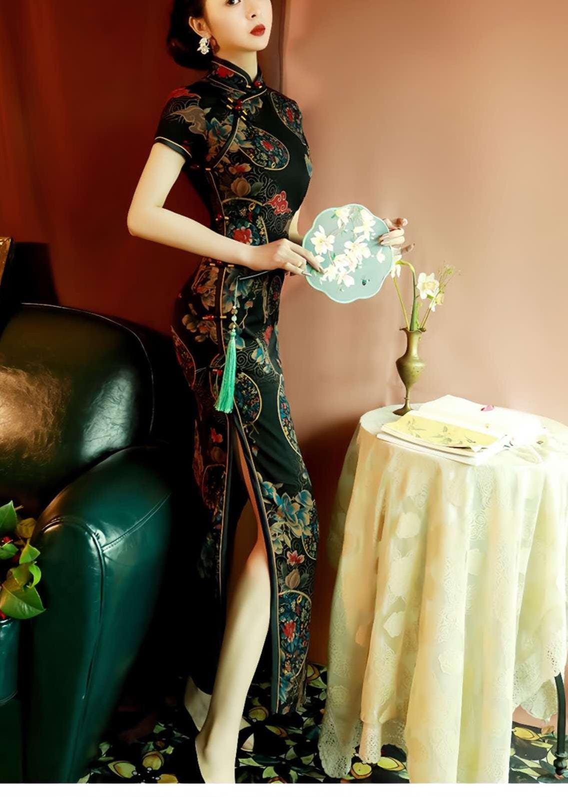 Vintage Chinese Cheongsam - Elegant Evening Dress with Lucky Cloud and Orchid Motif - Unique Printed Oriental Dress