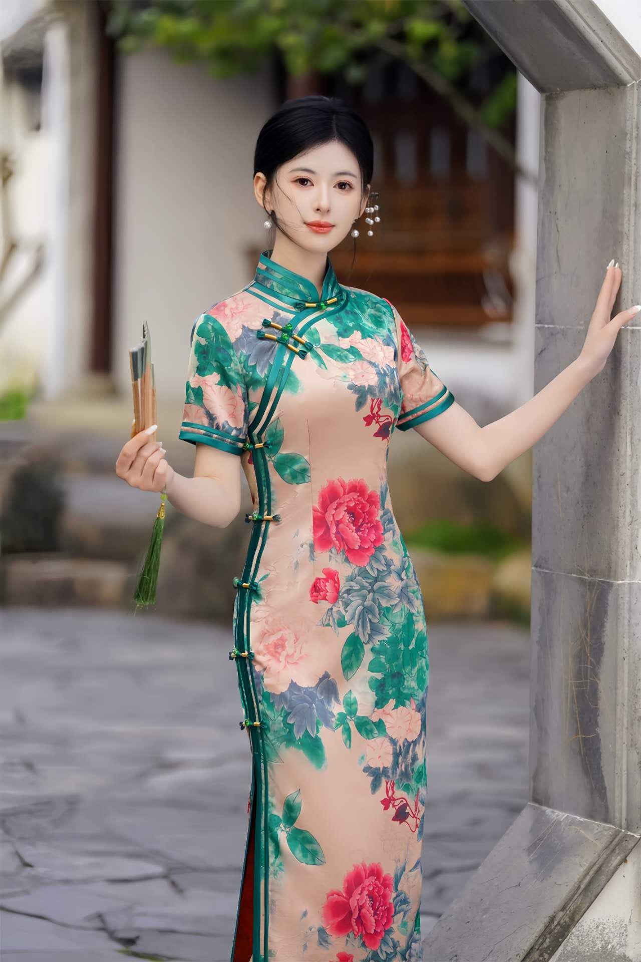 Floral Qipao, Vintage Chinese Cheongsam, Satin Dress, Asian Formal Dress, Tang Dynasty Inspired, Cultural Party Dress,