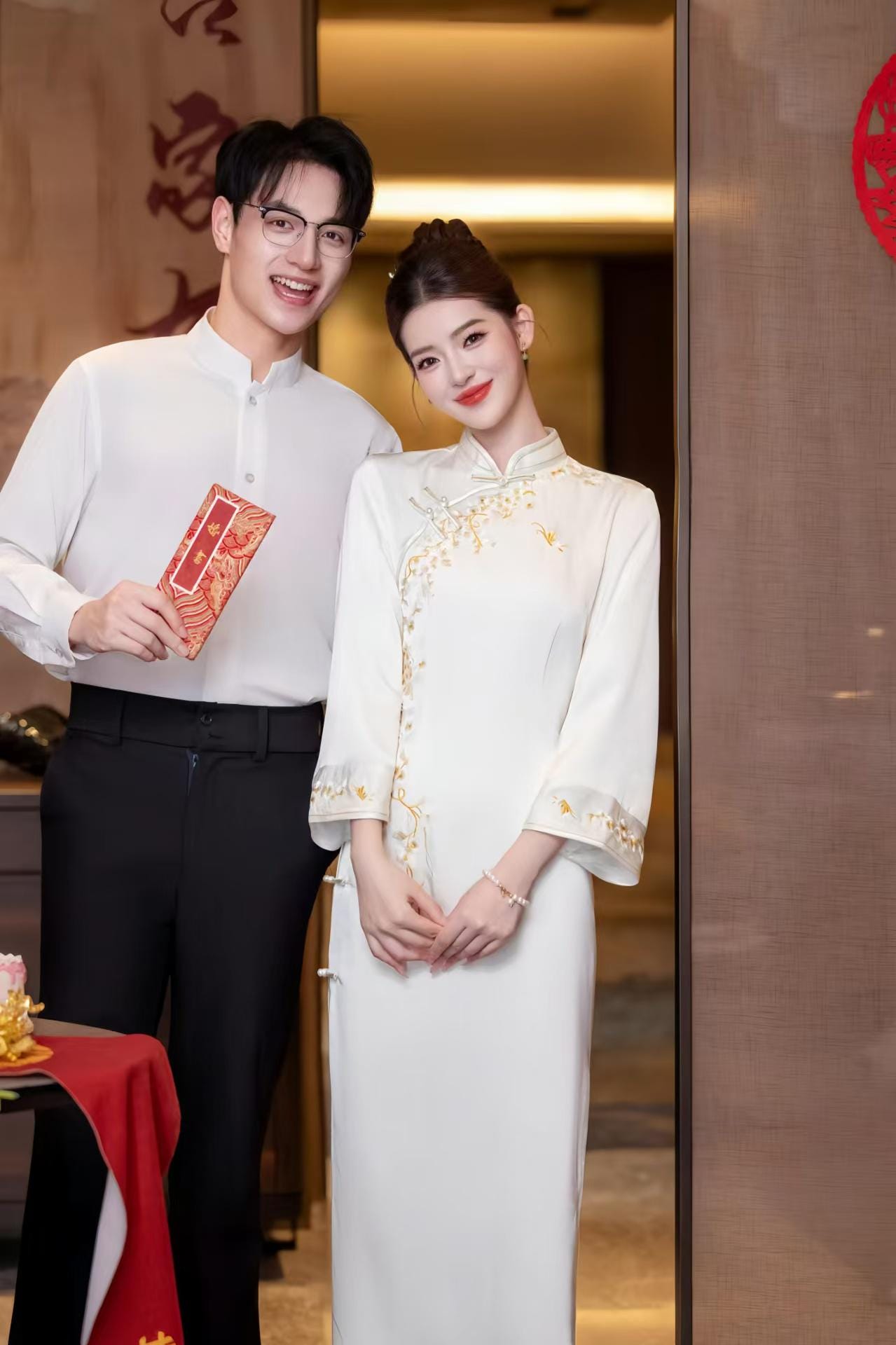 Vestido Qipao de Satén Blanco, Cheongsam Bordado de Perlas,Boda Oriental de Lujo, Elegante Vestido Midi Chino,Otoño Formal Asiático,regalo