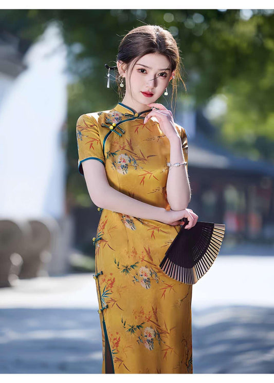 Qipao Floral Amarillo, Vestido Cheongsam Retro, Vestido Oriental Vintage, Cheongsam de Fiesta de Verano,Talla Grande S-4XL, Ceremonia del Té