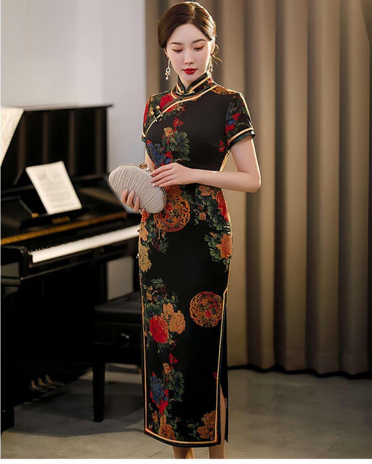 qipao elegante negro, vestido vintage oriental, ropa cheongsam fiesta, Vestido Vintage Elegante para Té, regalo madre elegante, retro, M-4XL