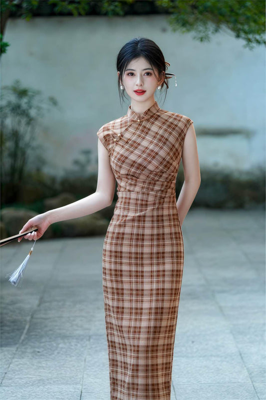 Vestido Qipao a cuadros, Vestido a cuadros clásico, Cheongsam de punto vintage, Conjunto minimalista asiático, Cheongsam de rejilla retro