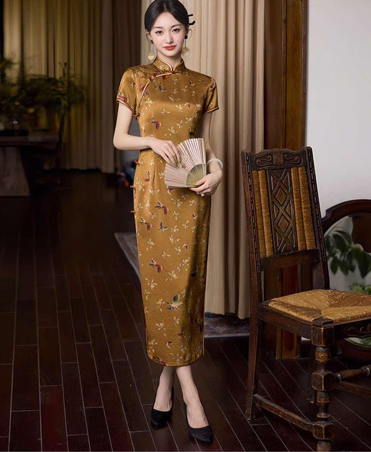 Qipao Pájaro Amarillo, Vestido Cheongsam Vintage, Vestido de Verano, Vestido Floral Oriental, Vestido Elegante para Té, regalo para ella