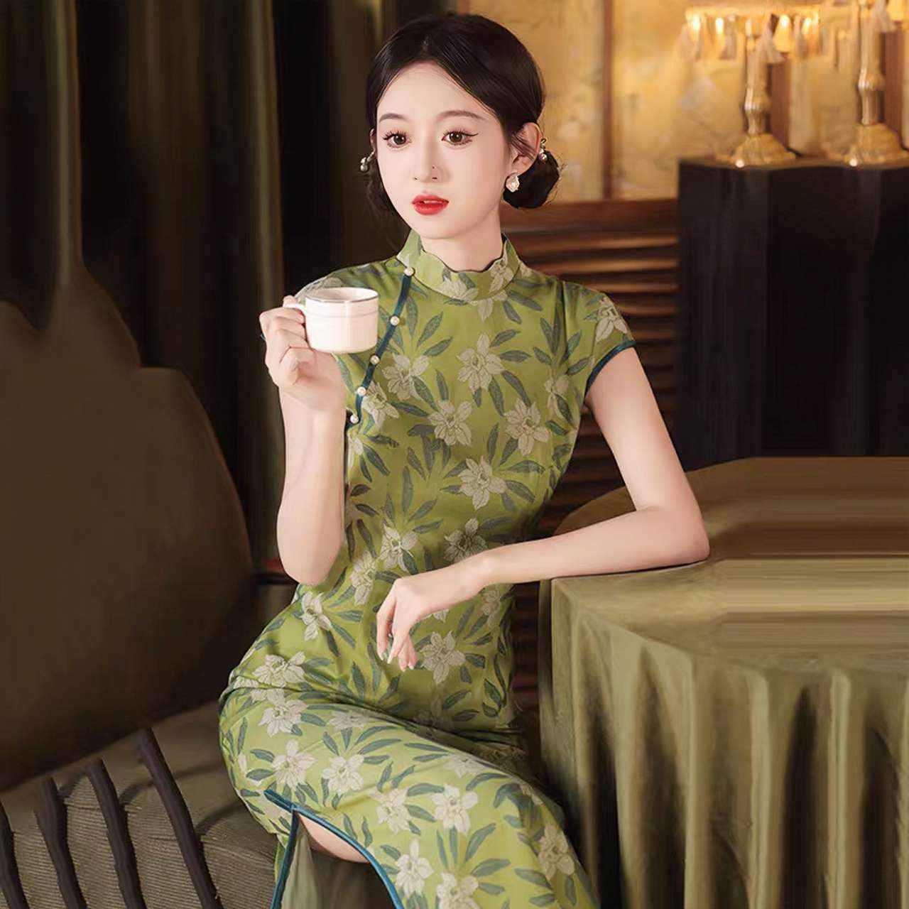 Vestido Qipao Brocado Floral, Cheongsam Chino Verde, Elegante Vestido, Vestido de Té  Retro, Qipao Primavera Verano, Qipao Invitada de Boda
