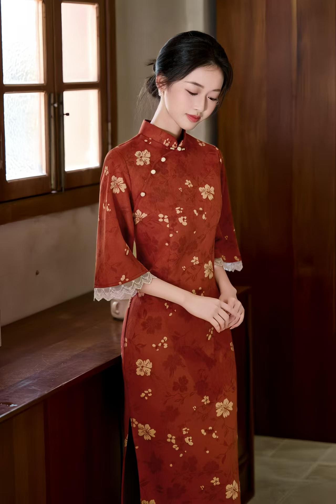 Vestido Qipao Rojo Vintage, Vestido Cheongsam de Ante, Elegante Vestido Midi Floral, Traje de Fiesta Estilo Chino, Cheongsam Otoño Invierno
