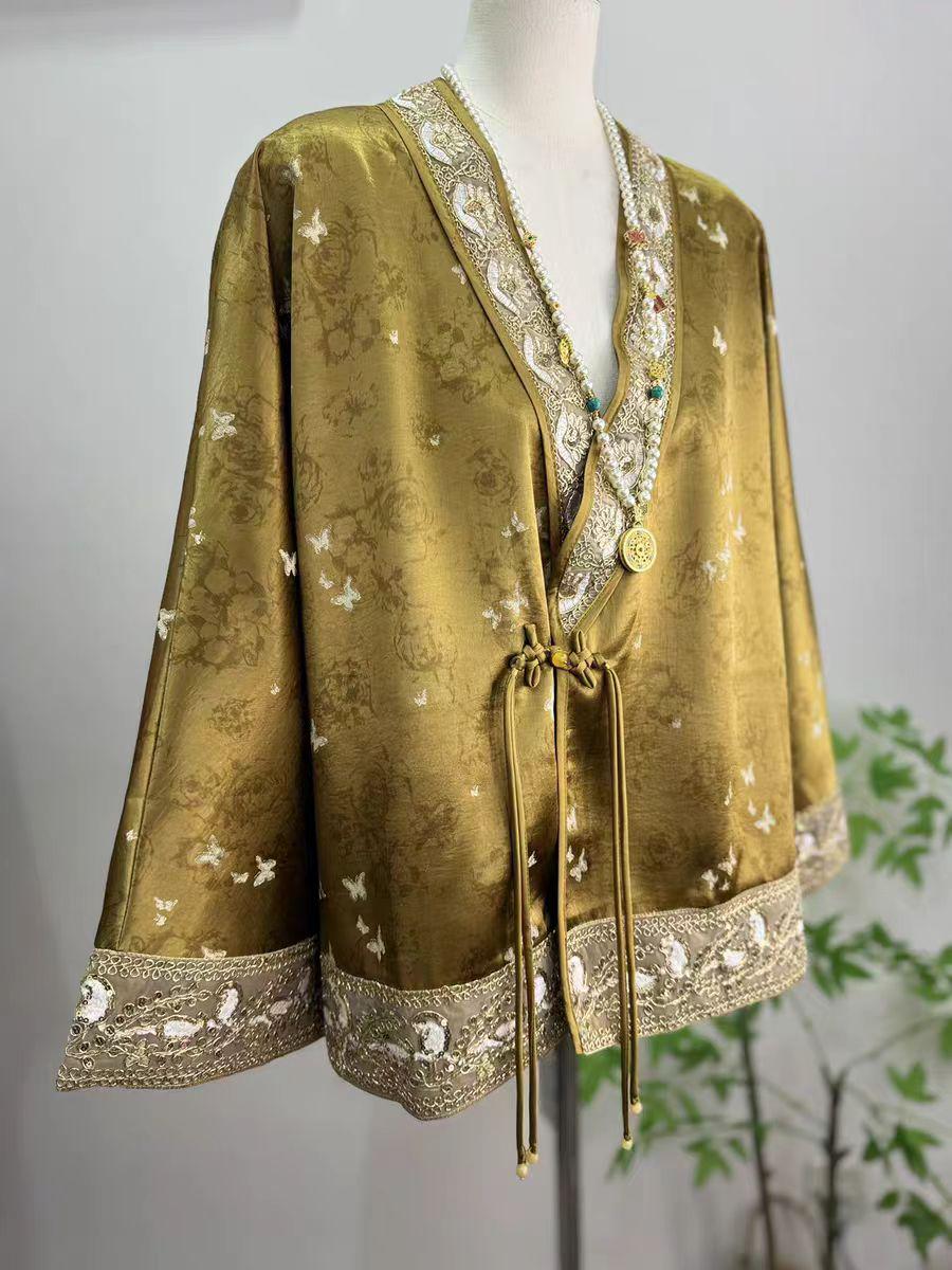 Chaqueta Tang de Oro, Abrigo de Seda China, Top Oriental de Lujo,Blazer Hanfu de Brocado,Prenda Exterior Bordada en Oro,Camisa Estilo Kimono