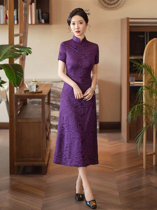 Vestido Qipao Púrpura, Cheongsam Chino Vintage, Traje Formal Chino, Vestido de Invitada de Boda, Bata Cultural de Moda, tallas grandes M-5XL