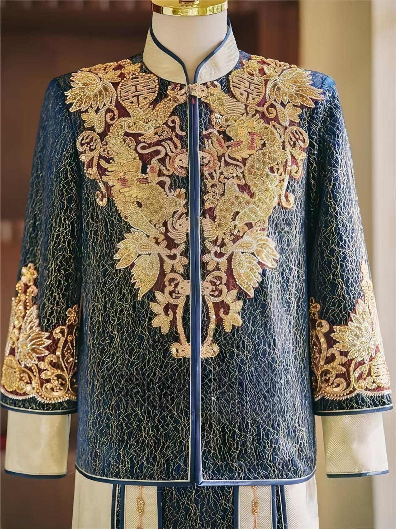 Chinese Groom Suit, Dragon and Phoenix Embroidered Groom Suit, Traditional Silk Brocade Groom Suit, Long-Sleeved Luxury Wedding, Gift