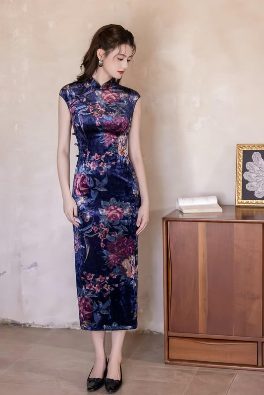 Velvet Qipao Dress, Blue Floral Cheongsam, Elegant Long Chinese Dress, Autumn Winter Evening Dress, Vintage Oriental Party Dress