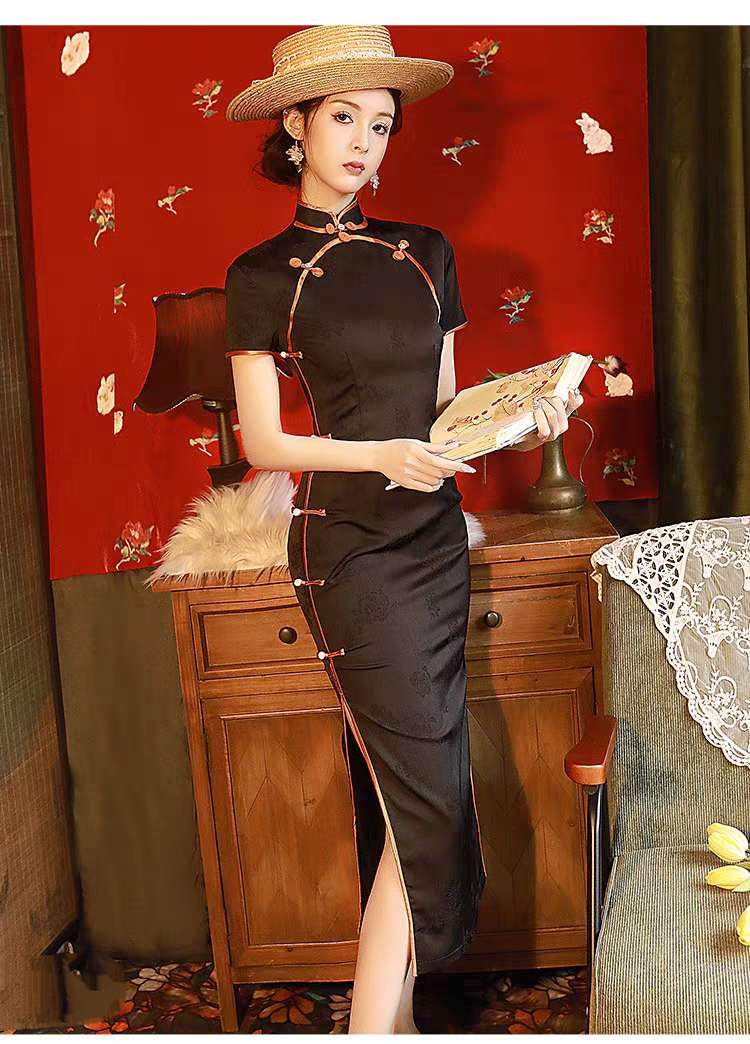 Vestido Qipao de Satén Negro,Vestido Cheongsam Vintage,Elegante Vestido,Traje Formal, Qipao Gótico Oriental,Vestido Tea Party Estilo Años 20