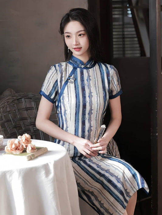 Striped Qipao Dress, Vintage Cheongsam, Summer Dress, Retro Oriental Outfit, Casual Cultural Dress, Minimalist Asian Dress