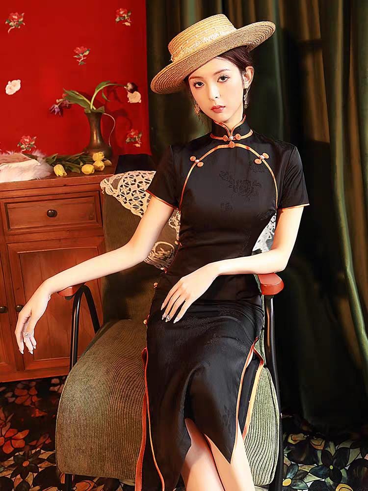 Vestido Qipao de Satén Negro,Vestido Cheongsam Vintage,Elegante Vestido,Traje Formal, Qipao Gótico Oriental,Vestido Tea Party Estilo Años 20