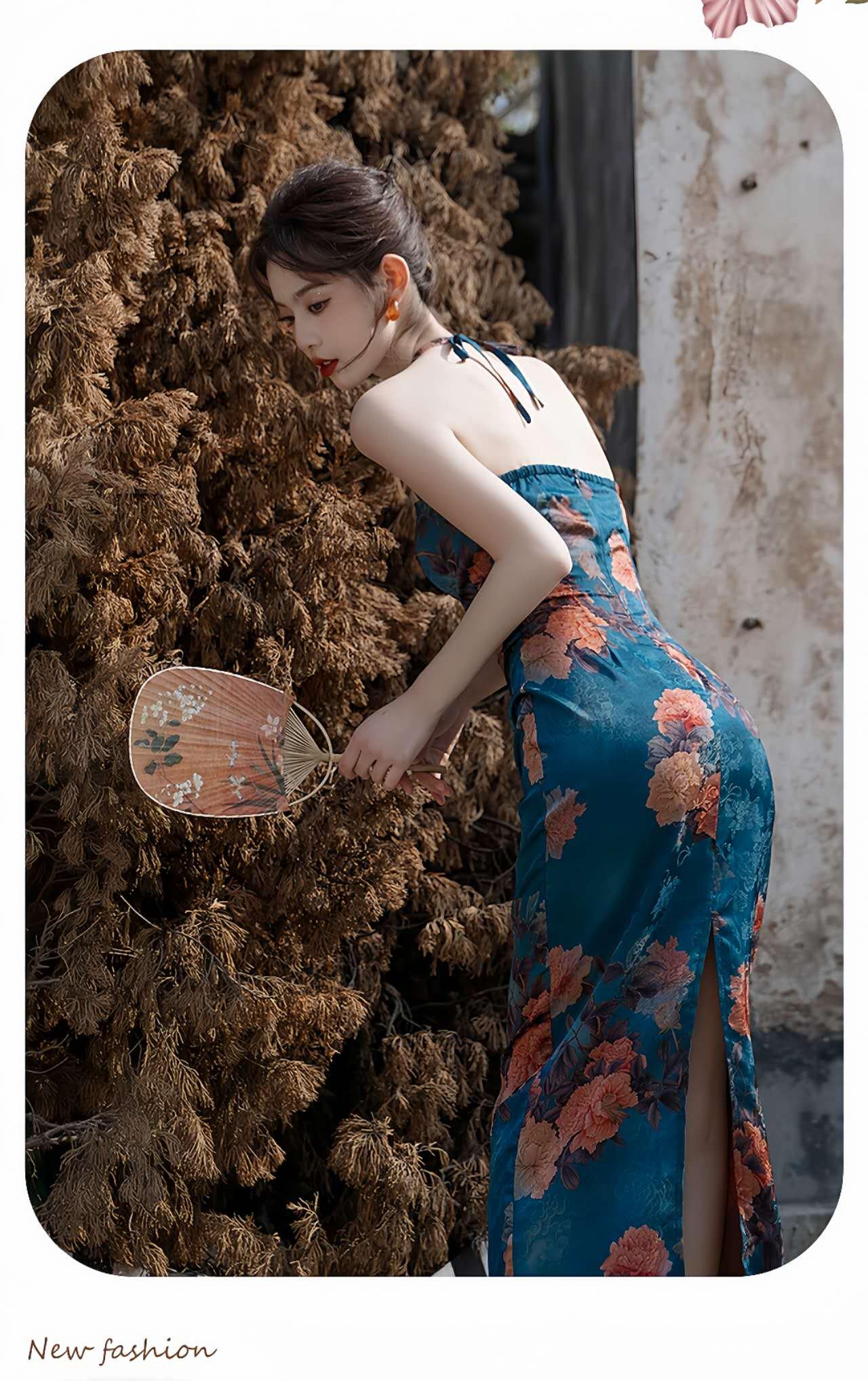 Dos Piezas Floral Qipao,  Retro Asiático Halter Vestido, Clásico Floral Vestido Chino,Azul Cheongsam Vestido Conjunto,Verano Vintage Vestido