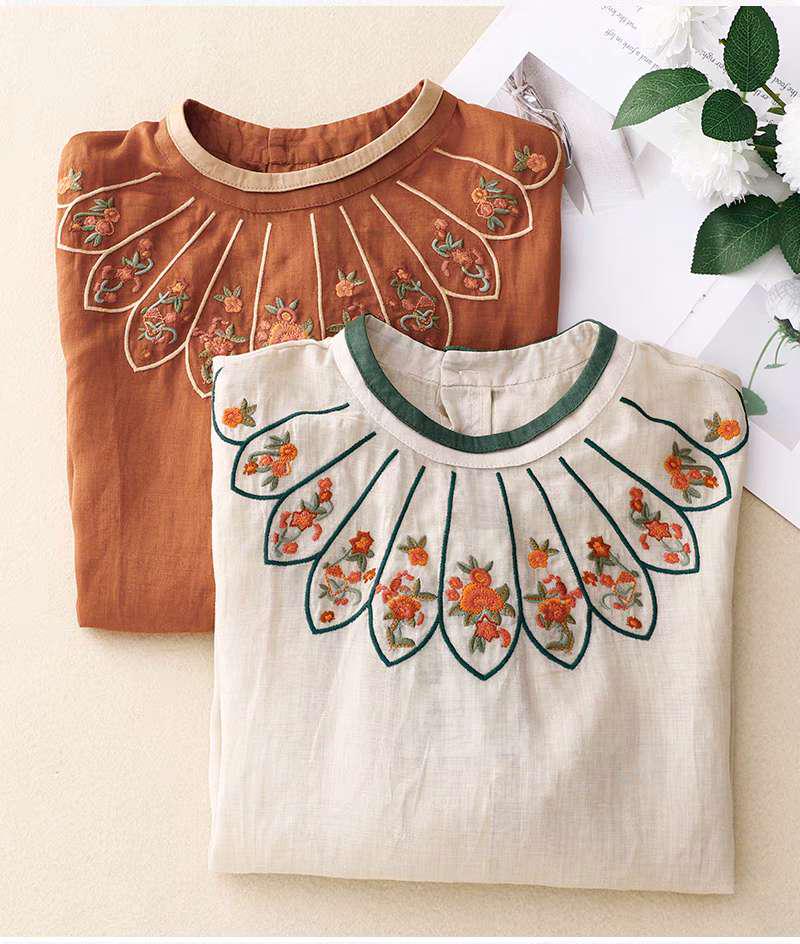 Camisa floral étnica de estilo vintage - Túnica de lino de algodón con bordado popular-  Blusa para mujer inspirada en el arte popular chino