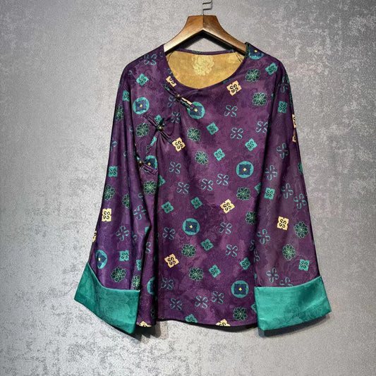 Top de seda, blusa china púrpura, camisa Hanfu vintage, ropa de herencia cultural, top boho holgado, blusa para trajes tradicionales, regalo