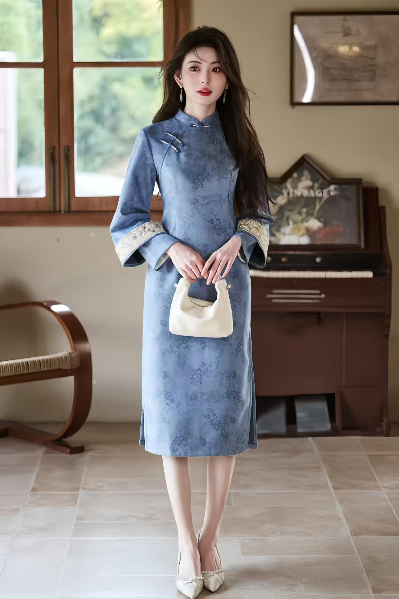 Printed Velvet Qipao, Two-Tone Cheongsam Dress, Elegant Oriental Midi Dress, Retro Chinese Autumn Dress, Pink Blue Party, Gift