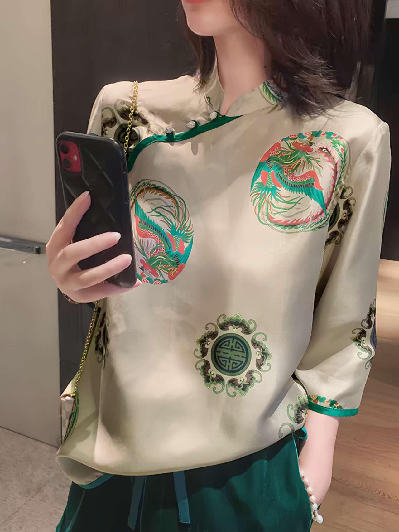 camisa Tang retro, blusa de seda tradicional, regalo cultural para madre, top chino ligero de lujo, camisa vintage oriental,ropa artística