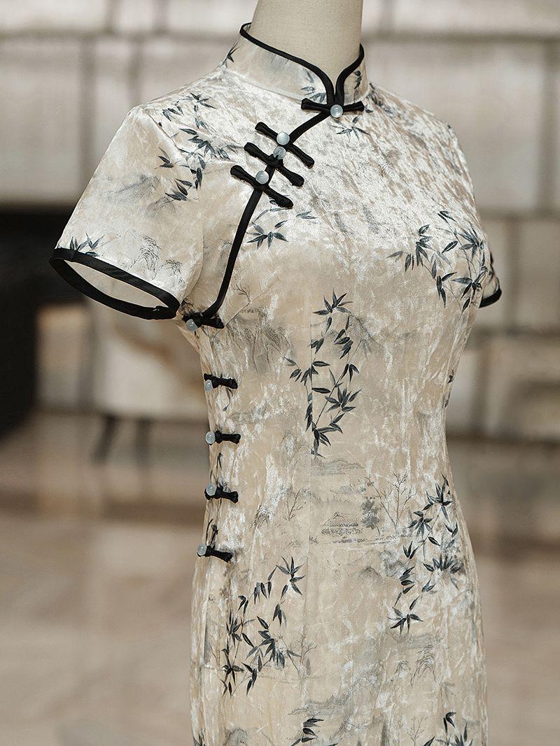 Vestido Qipao de Terciopelo con Bambú,Cheongsam Chino Elegante, Vestido Tradicional Oriental, Manga Corta, regalo para novia