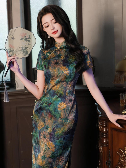vestido qipao floral artístico, cheongsam verde moderno, vestido chino largo de fiesta, Vestido Vintage Elegante para Té, tallas grandes