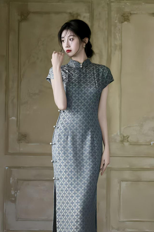 Jacquard Qipao Cheongsam, Elegant Mandarin Collar Dress, Vintage Chinese Dress, Slim Fit Party Dress, Blue Formal Dress, Gift