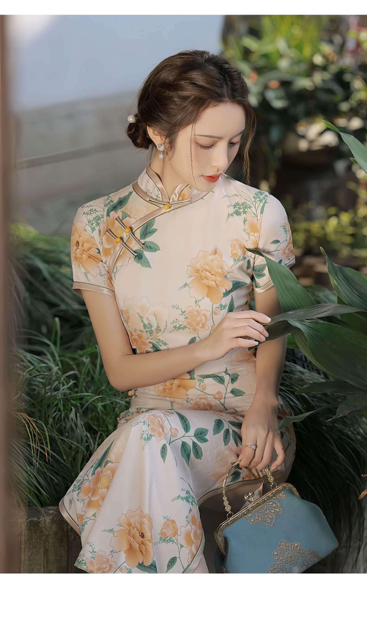 Vestido Qipao Floral, Cheongsam de Seda Suave, Vestido de Jardín de Verano, Vestido Vintage,Qipao de Peonía Amarilla,Vestido Oriental Ligero