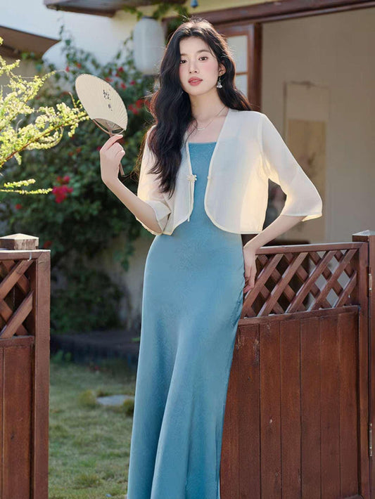 Conjunto Qipao de dos piezas,Vestido Estilo Zen,Moderno Conjunto Hanfu,Conjunto Verano Oficina,Vestido Asiático Minimalista,Ceremonia del Té