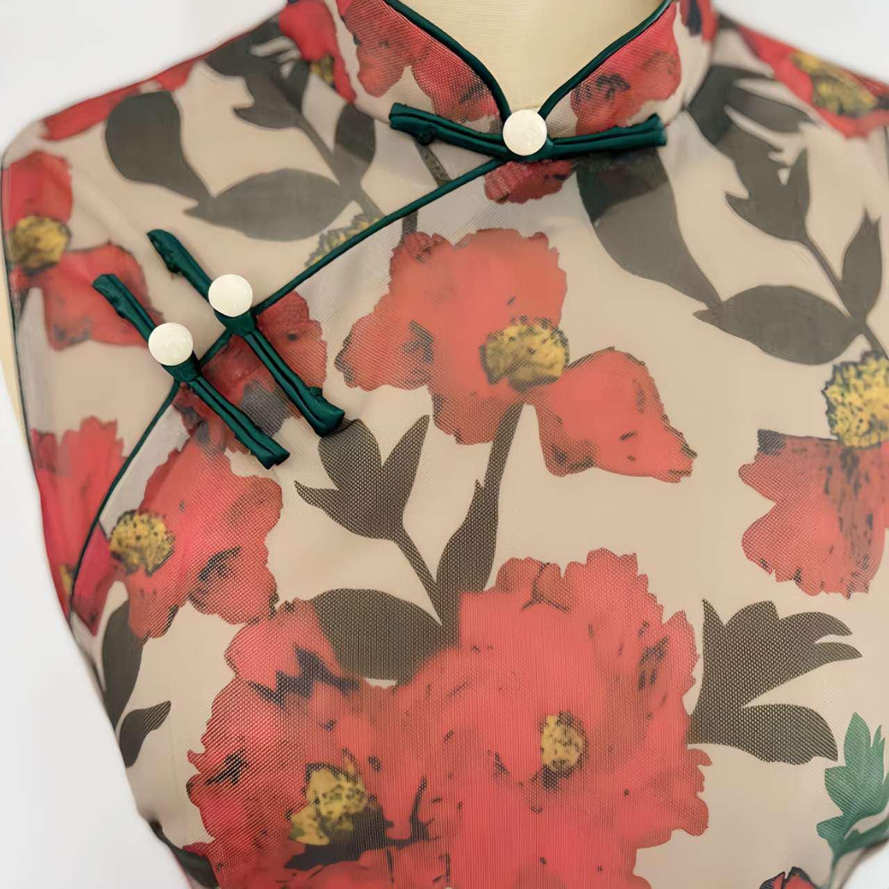 Red Floral Qipao Dress, Retro Chinese Dress, Summer Oriental Cheongsam, Elegant Vintage Qipao, Garden Tea Party Dress, Gift for Her