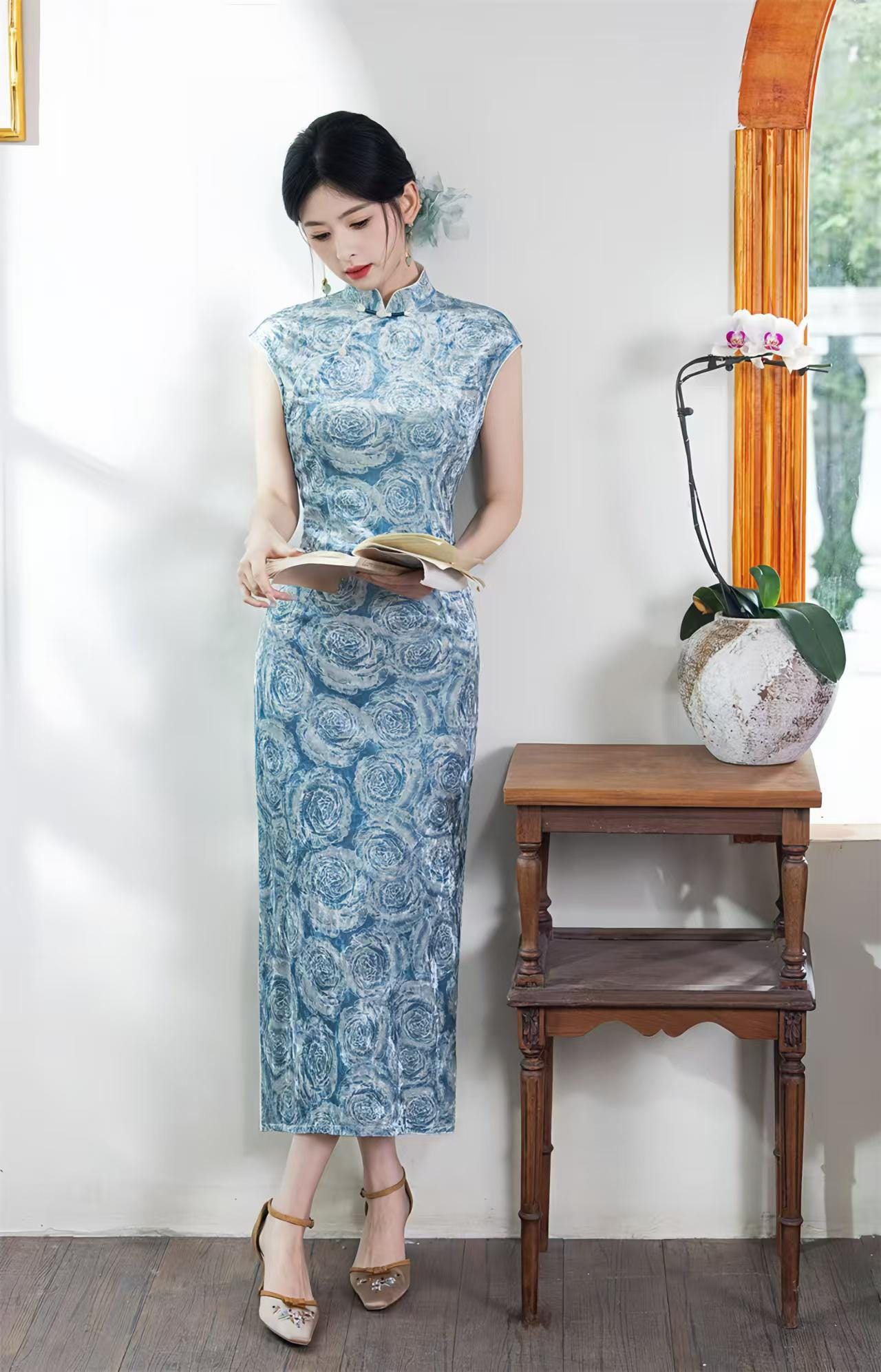 Pink Jacquard Velvet Qipao, Blue Vintage Cheongsam Dress, Elegant Autumn Oriental Dress, Gift for Her, Chinese Style Cocktail Party