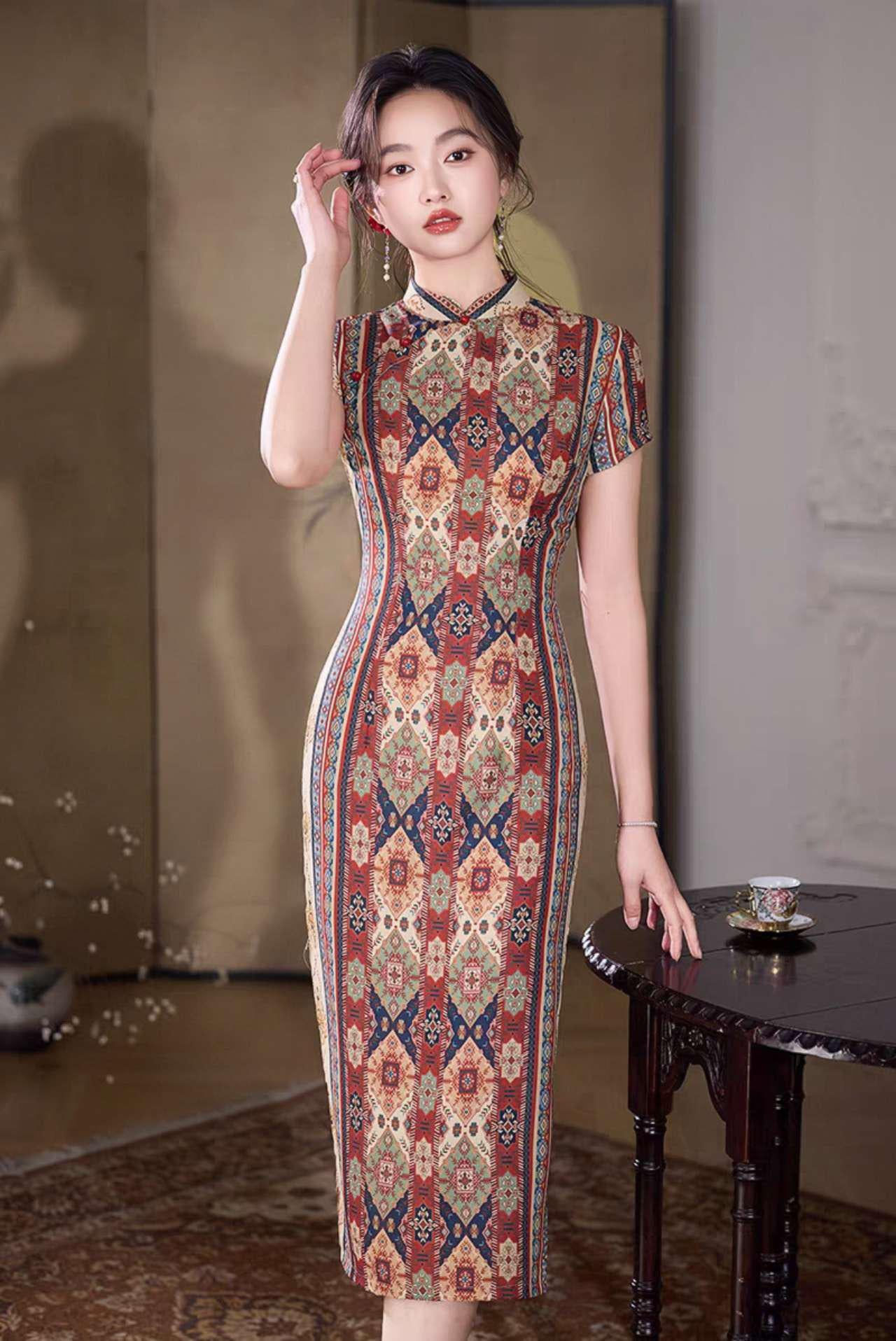 cheongsam retro para mujer, vestido chino étnico, vestido qipao bohemio, regalo elegante para mamá, Vestido Vintage Elegante para Té