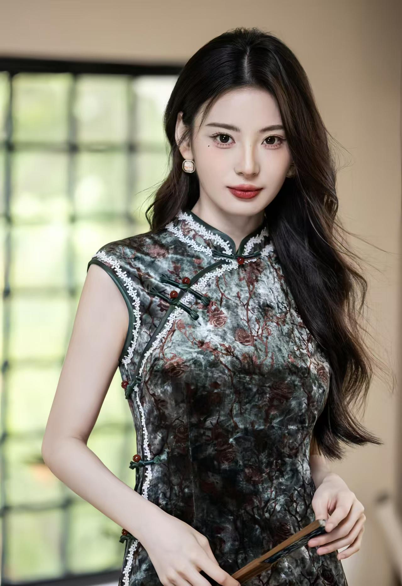 Green Velvet Qipao, Elegant Chinese Long Gown, Vintage Floral Midi Dress, Oriental Party Outfit, Asian Evening Dress, Winter Cheongsam Dress