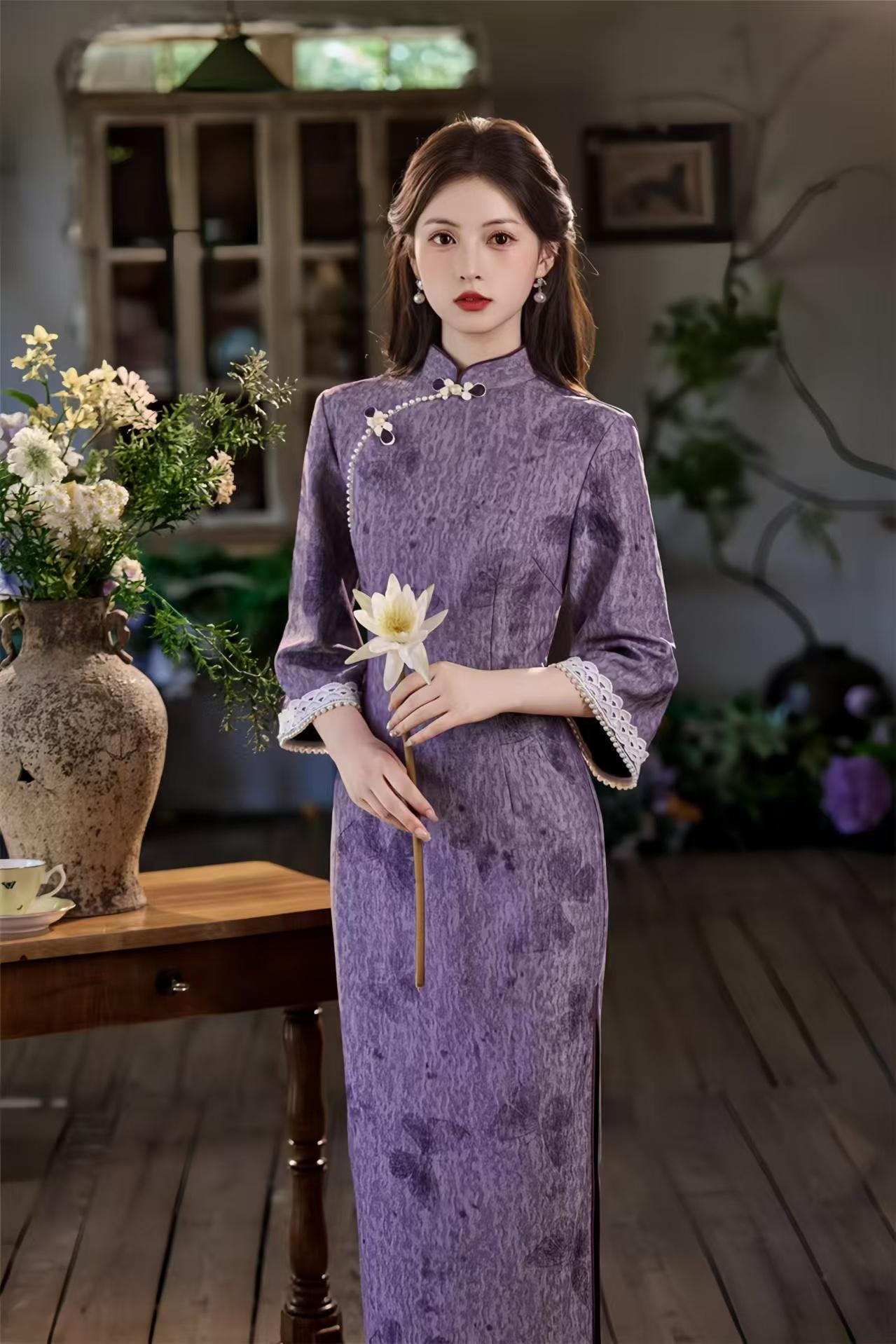 Vestido Qipao Jacquard Púrpura, Maxi Cheongsam Retro Chino, Elegante Vestido Largo Cuello Mandarín, Vestido de Noche Vintage Oriental,Veneno