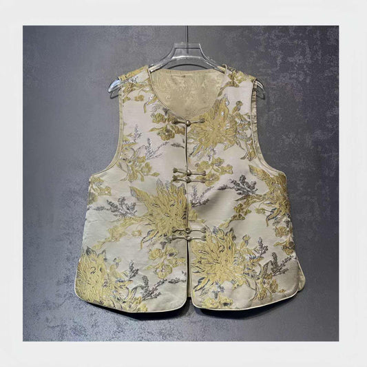 Chaleco Brocado Oro, Chaleco Hanfu Moderno,Chaleco de nuevo estilo,Primavera Verano,Regalo Único para Ella,Trabajo diario/Ceremonia del té
