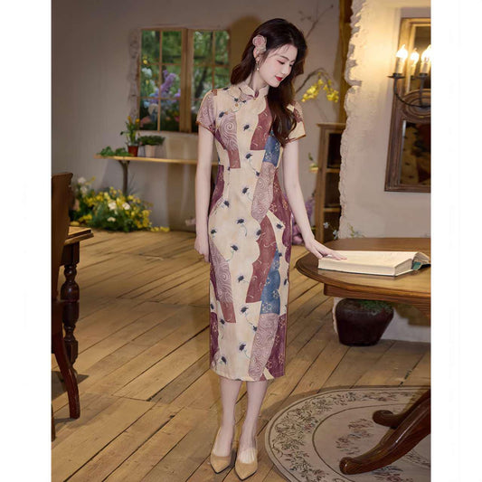 qipao retro patchwork,  cheongsam artístico colorido,  vestido chino elegante, vestido tradicional, Vestido Vintage para Té,regalo para mamá