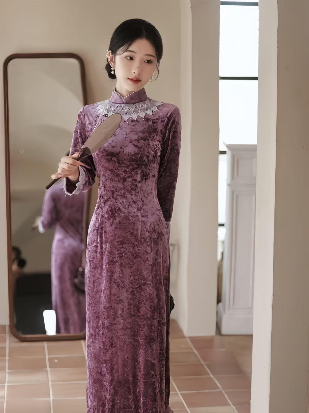 Velvet Qipao Dress, Purple Green Cheongsam Dress, Chinese Evening Dress, Vintage Long Tang Dress, Custom Made Formal Suit, Gift