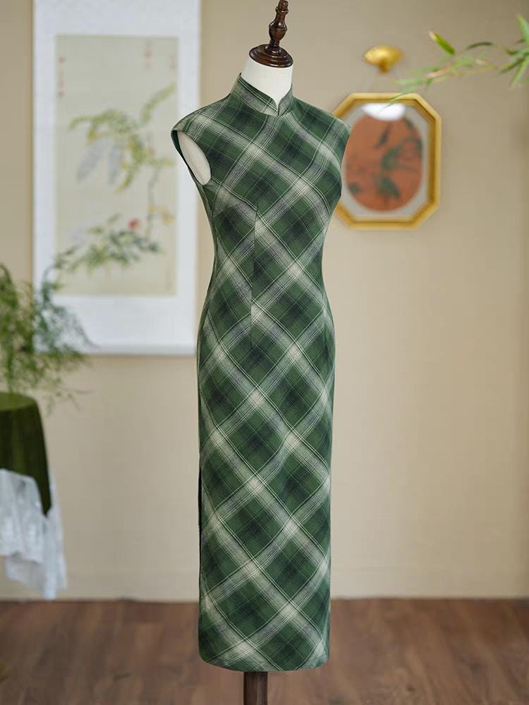 Cheongsam verde a cuadros, Vestido Qipao retro de algodón, Vestido chino vintage,  Vestido para Ceremonia del Té, regalo para ella