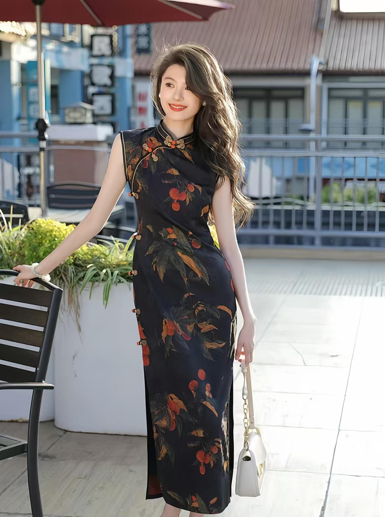 Sleeveless Cheongsam Qipao, Handmade Pumpkin Button Dress, Black Floral Fruit Print Dress, Vintage Chinese Party