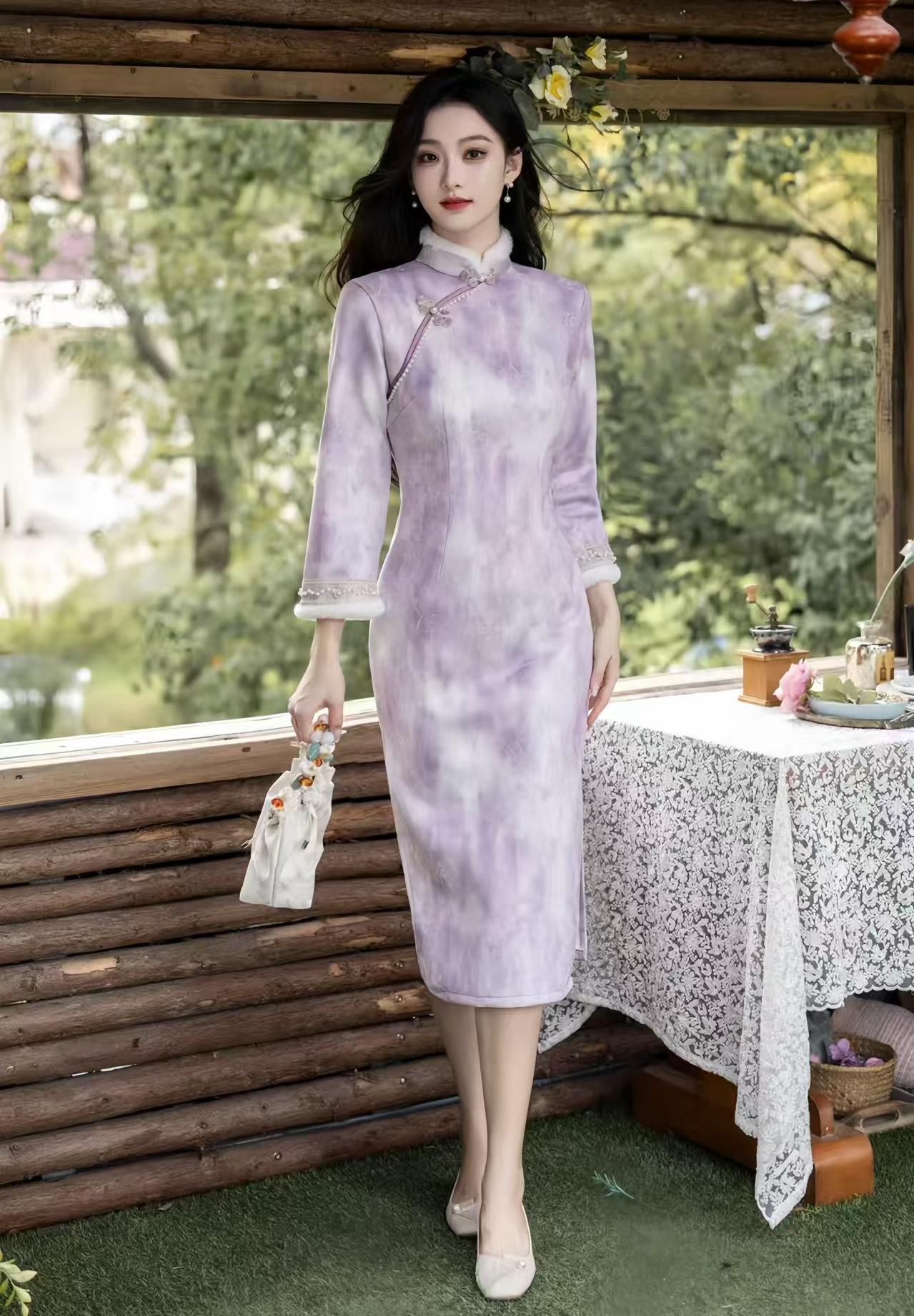 Purple-white velvet qipao, lined cheongsam, elegant Chinese dress, vintage oriental dress, luxury Asian winter costume