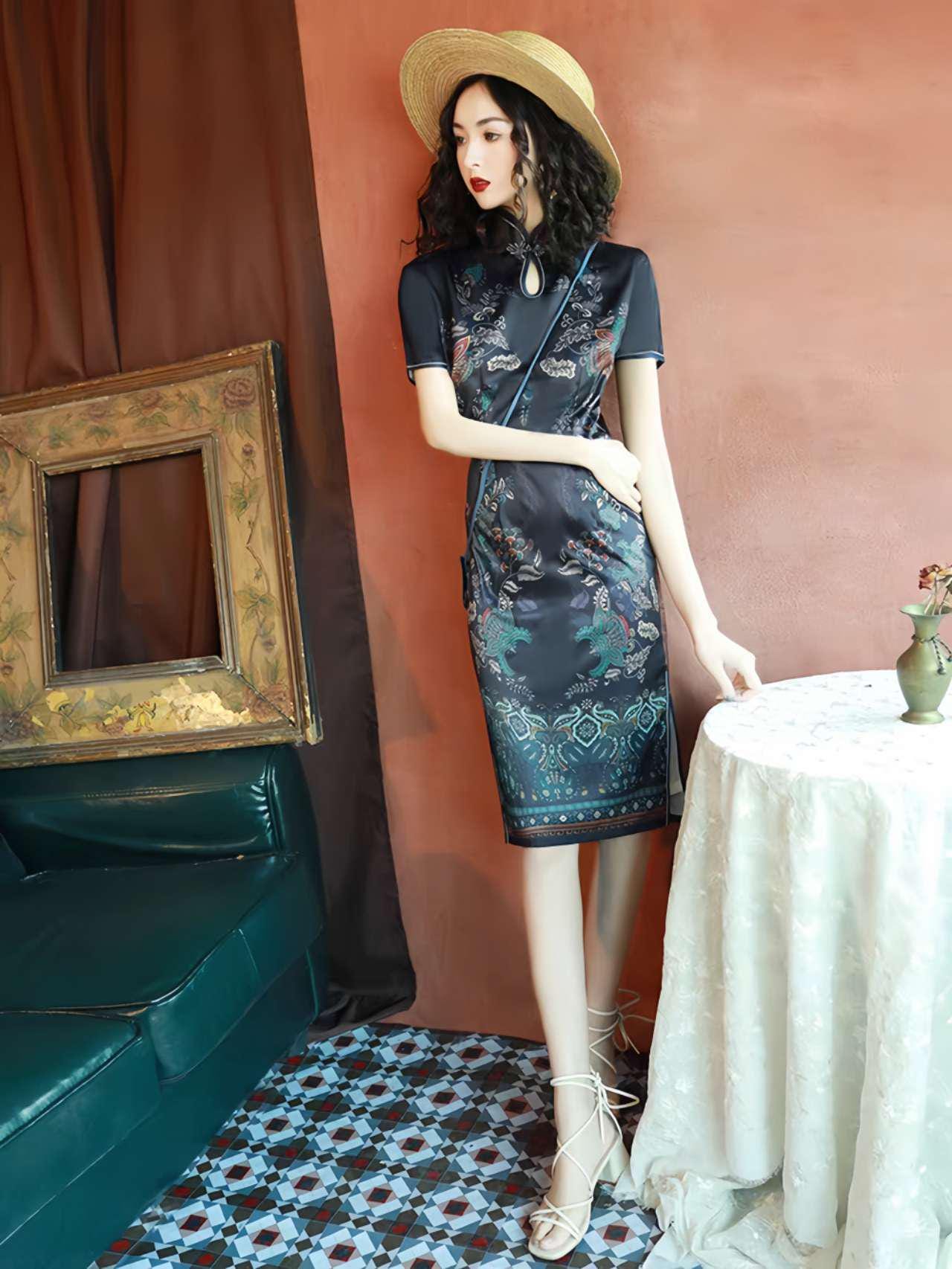 Qipao corto de seda negra, Vestido retro Cheongsam,Elegante vestido asiático de cóctel, Cheongsam Moderno, Vestido chino de verano, S-4XL