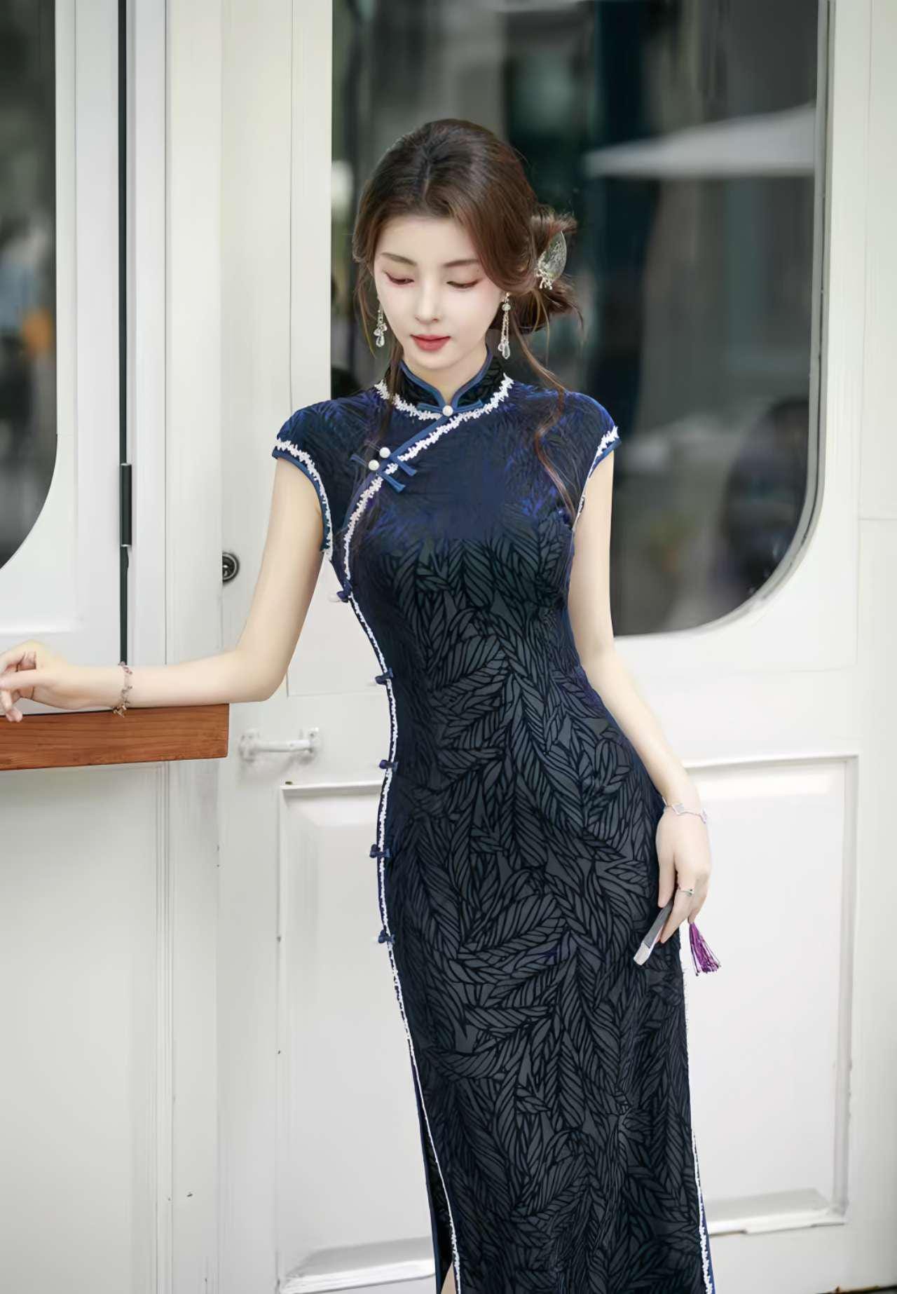 Vestido Qipao Hoja de Terciopelo, Cheongsam Chino Azul Oscuro, Vestido Oriental Vintage, Elegante Qipao de Fiesta, Qipao Retro Clásico