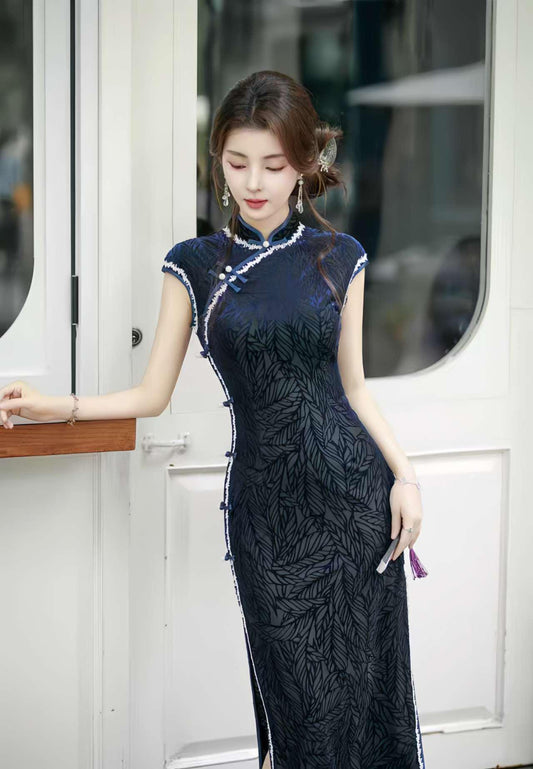 Vestido Qipao Hoja de Terciopelo, Cheongsam Chino Azul Oscuro, Vestido Oriental Vintage, Elegante Qipao de Fiesta, Qipao Retro Clásico