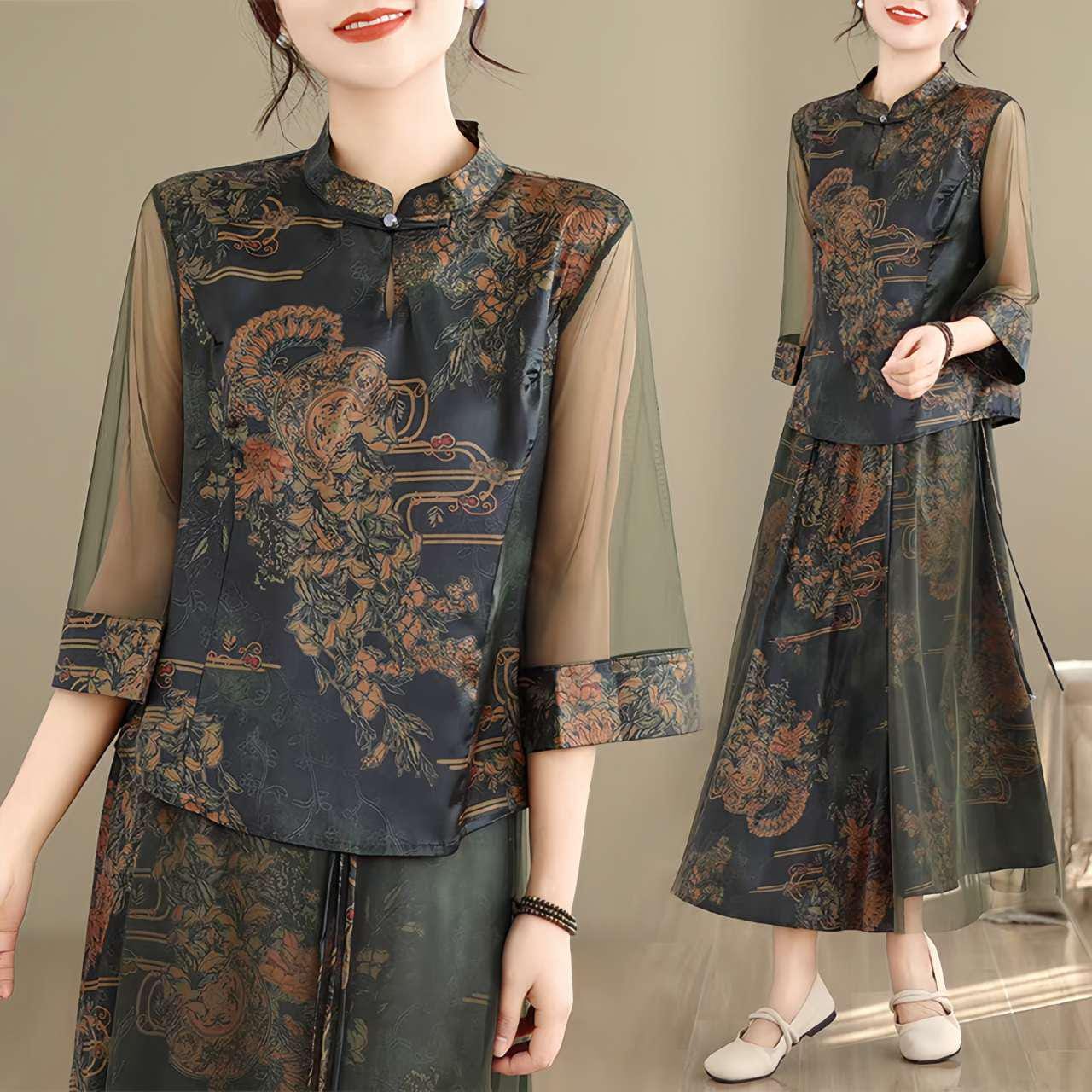 Vestido Chino de Dos Piezas, Traje Vintage Tang,Traje Oriental Cheongsam,Traje Tradicional Asiático,Ropa Retro Estilo Chino,Ceremonia del Té