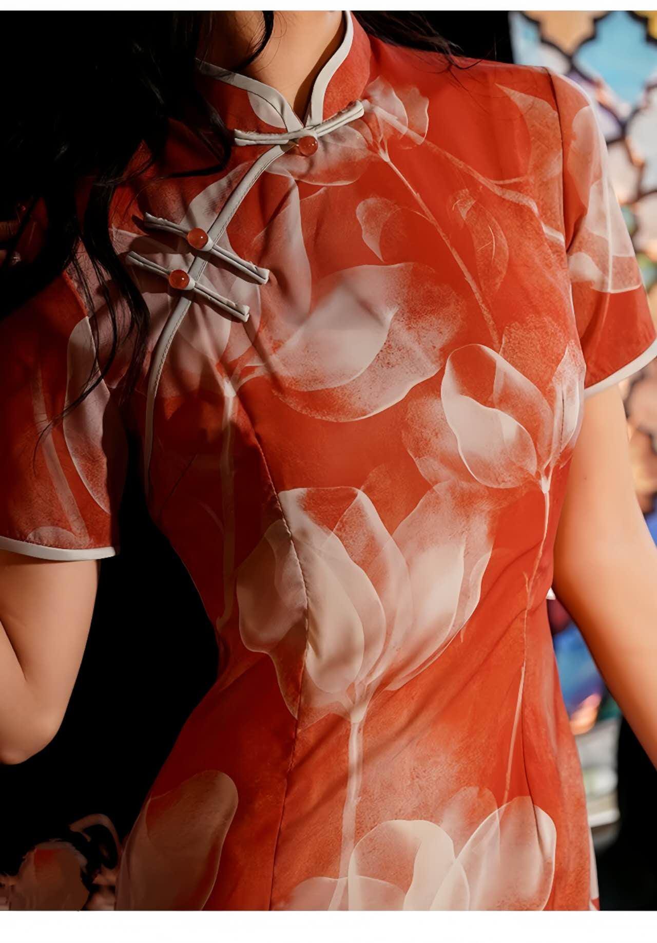 Elegante Qipao Rojo, Cheongsam de Malla Floral, Vestido Oriental Moderno,  Qipao para Boda, Vestido de Noche Chino, Romántico Traje Asiático