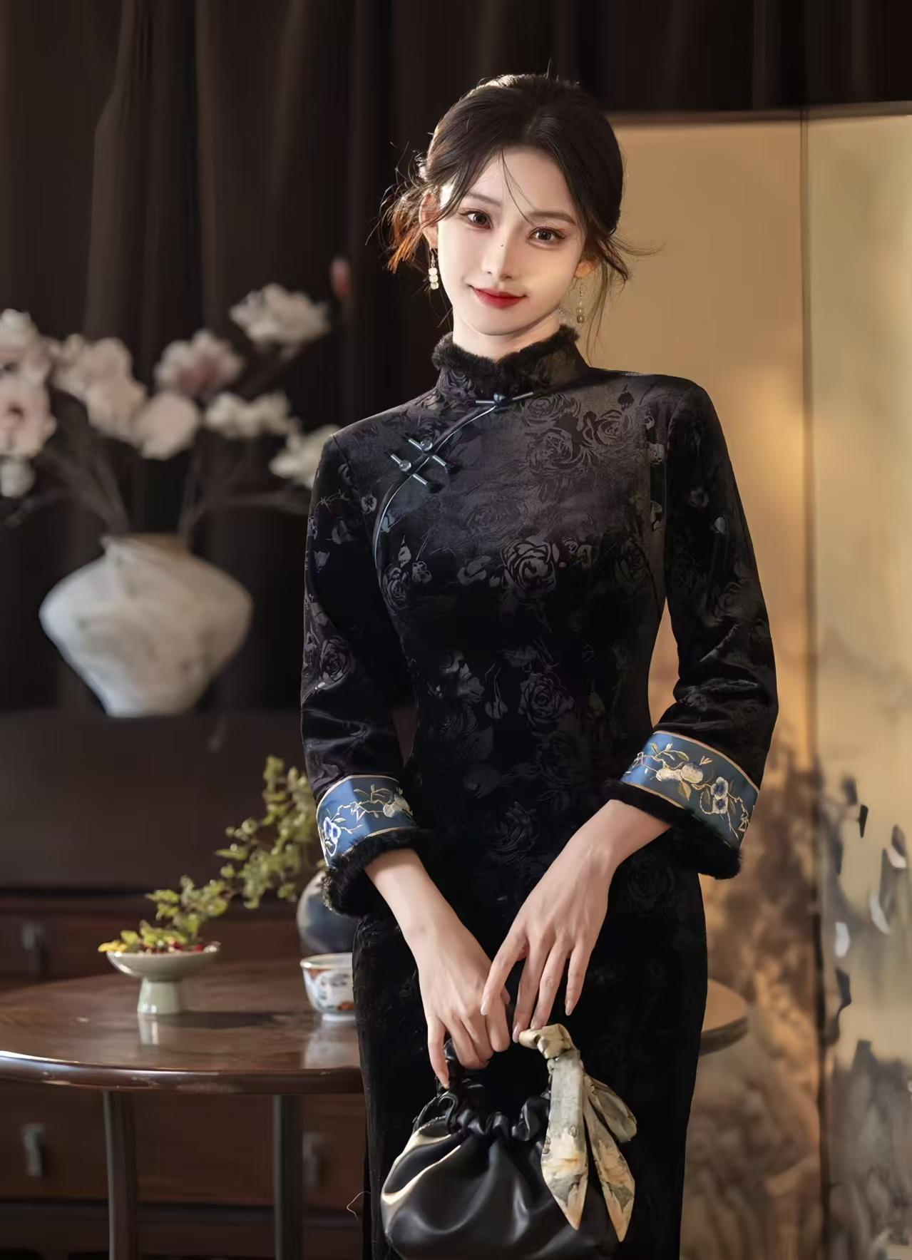 Pink Black Velvet Qipao, Fleece Lined Cheongsam, Elegant Chinese Dress, Gothic Oriental Evening Costume, Vintage Luxury Dress