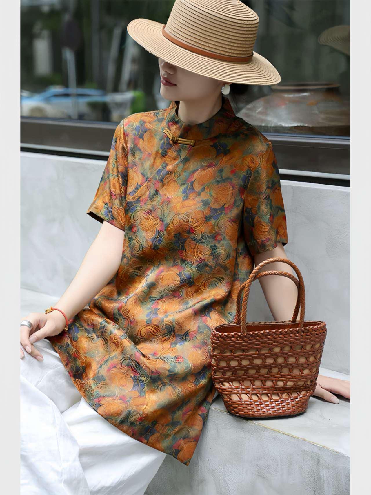 Seda Tang Traje Top, Blusa China Vintage, Camisa Paisley Naranja, Camisa de Verano, Top Tradicional, Blusa Cheongsam, Camisa Boho Étnica