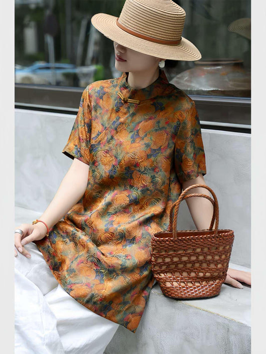 Seda Tang Traje Top, Blusa China Vintage, Camisa Paisley Naranja, Camisa de Verano, Top Tradicional, Blusa Cheongsam, Camisa Boho Étnica
