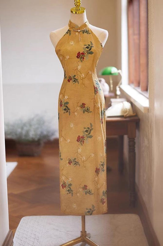 Qipao Vintage de Cuello Halter, Vestido Chino Elegante de Lino y Seda, Cheongsam sin Mangas para Uso Diario, Atuendo Oriental de Verano