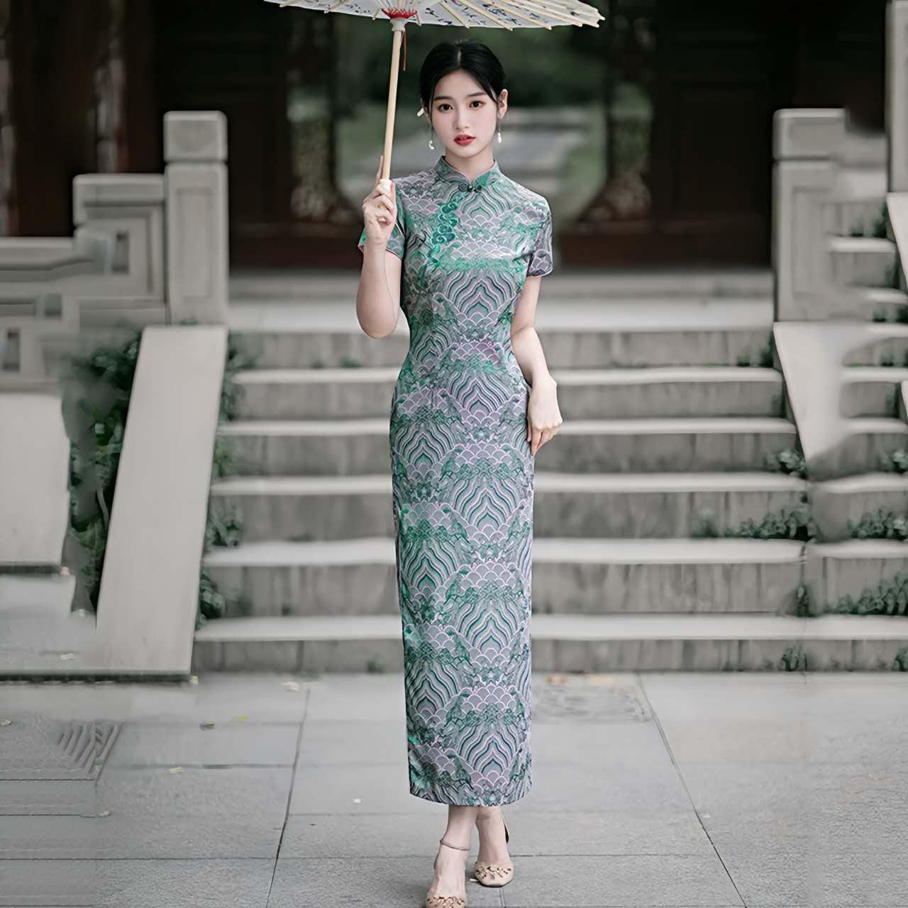 Vestido Cheongsam verde, Vestido Qipao Vintage,  Elegante Vestido Chino, Vestido para Eventos Culturales,Vestido para Ceremonia del Té